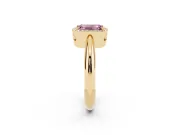 Fancy Pink Emerald Cut Diamond Halo Engagement Ring Set in Yellow gold with Plain Split Shank and Prong Setting