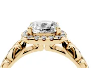 Cushion Cut Filigree Leaf Halo Engagement Ring Setting | Bezel Leaf Accents | Yellow Gold