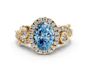 Oval Vintage Halo Engagement Ring Setting for a Fancy Blue Lab-Grown Diamond | Bezel Shoulder Accents | Yellow Gold