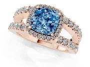 Fancy Blue Cushion Cut Diamond Halo Ring Set in Rose gold with Pavé Split Shank and Prong Setting