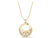 Round Lab-Grown Diamond Pavé Leaf Filigree Disc Pendant Necklace | Open Oval Window | Yellow Gold
