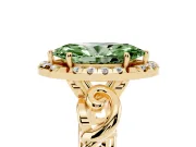 Fancy Green Marquise Cut Diamond Halo Ring Set in Yellow gold with Scrollwork Band and Prong Setting