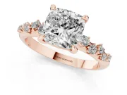 Cushion Cut Diamond Solitaire Vine Band Ring Set in Rose gold with Round Accents and Prong Setting