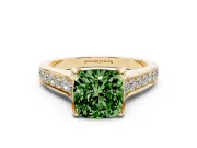 Fancy Green Cushion Cut Diamond Solitaire Pavé Engagement Ring Set in Yellow gold with Prong Setting