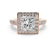 Princess Cut Diamond Halo Pavé Engagement Ring Set in Rose gold with Bezel Setting