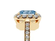 Fancy Blue Emerald Cut Diamond Floral Halo Ring Set in Yellow gold with Pavé Band and Prong Setting