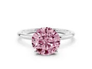 Fancy Pink Round Cut Diamond Solitaire Engagement Ring Set in Silver with Thin Band and Prong Setting