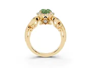 Fancy Green Oval Cut Diamond Halo Ring Set in Yellow gold with Milgrain Pavé Band and Prong Setting