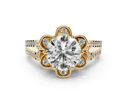 Round Petal Frame Floral Halo Engagement Ring Setting | Pavé Split Shank | Yellow Gold