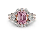 Fancy Pink Emerald Cut Diamond Halo Split Shank Engagement Ring Set in Rose gold with Prong-Held Center Stone