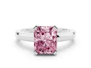 Fancy Pink Radiant Cut Diamond Solitaire Ring Set in Platinum with Prong Head and Smooth Polished Band