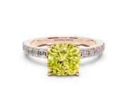 Fancy Yellow Cushion Cut Diamond Solitaire Set in Rose gold with Round Pavé Band and Prong Setting