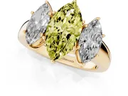 Fancy Yellow Three-Stone Marquise Cut Diamond Ring Set in Yellow gold with Matching Prong Settings and Plain Band