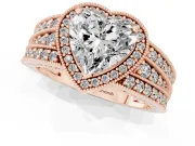 Heart Cut Diamond Halo Ring Set in Rose gold with Accent Split Shank and Prong Setting