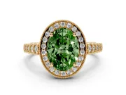 Fancy Green Oval Cut Diamond Milgrain Halo Solitaire Ring Set in Yellow gold with Bezel Set Side Stones and Pavé Band