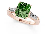 Fancy Green Radiant Cut Diamond Solitaire Ring Set in Rose gold with Tapered Baguette Side Stones and Prong Setting