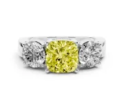 Cushion Cut Three Stone Engagement Ring Setting for a Fancy Yellow Lab-Grown Diamond | Wide Plain Band | Platinum