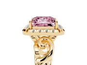 Fancy Pink Princess Cut Diamond Halo Ring Set in Yellow gold with Scrollwork Band and Prong Setting