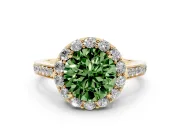 Fancy Green Round Cut Diamond Floral Halo Ring Set in Yellow gold with Pavé Band and Prong Setting
