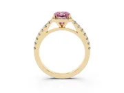 Fancy Pink Radiant Cut Diamond Halo Engagement Ring Set in Yellow gold with Pavé Band and Prong Setting