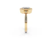 Emerald Cut Diamond Halo Engagement Ring Set in Yellow gold with Milgrain Pavé Band