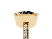 Fancy Black Round Cut Diamond Halo Engagement Ring Set in Yellow gold with Pavé Band and Round Halo Stones