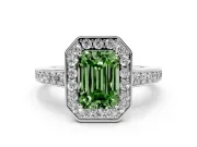 Fancy Green Emerald Cut Diamond Halo Pavé Engagement Ring Set in Platinum with Bezel Setting