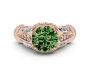 Fancy Green Round Cut Diamond Vintage-Inspired Milgrain Ring Set in Rose gold with Accent Split Shank