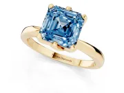 Fancy Blue Asscher Cut Diamond Solitaire Engagement Ring Set in Yellow gold with Slim Tapered Solitaire Band