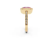 Fancy Pink Radiant Cut Diamond Halo Engagement Ring Set in Yellow gold with Pavé Band and Round Halo Stones
