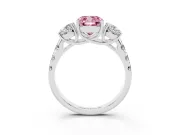 Fancy Pink Cushion Cut Diamond Three-Stone Ring Set in Platinum with Pavé Band