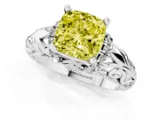 Fancy Yellow Cushion Cut Diamond Filigree Halo Engagement Ring Set in Platinum with Prong Setting