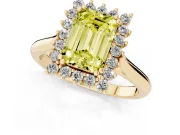 Fancy Yellow Emerald Cut Diamond Halo Ring Set in Yellow gold with Plain Solitaire Band and Prong Setting