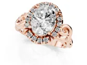 Oval Cut Diamond Halo Ring Set in Rose gold with Scrollwork Band and Prong Setting