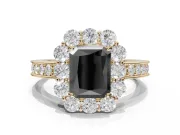 Fancy Black Radiant Cut Lab-Grown Diamond Halo Pavé Engagement Ring Set in Yellow Gold with Milgrain Detailing