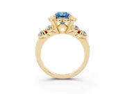 Fancy Blue Radiant Cut Diamond Floral Halo Ring Set in Yellow gold with Shared Prong Band