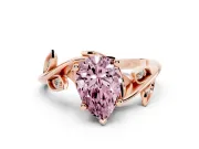 Fancy Pink Pear Cut Diamond Solitaire Twist Engagement Ring Set in Rose gold with Pavé Leaf Accents