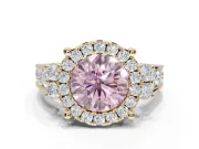 Round Halo Engagement Ring Setting for a Fancy Pink Lab-Grown Diamond | Side Clusters | Yellow Gold