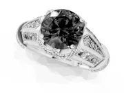 Fancy Black Round Cut Diamond Vintage-Inspired Milgrain Ring Set in Platinum with Accent Split Shank
