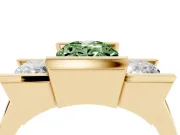 Fancy Green Oval Cut Diamond Three-Stone Channel Set Ring Set in Yellow gold with Smooth Polished Band