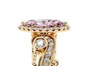 Fancy Pink Marquise Cut Diamond Halo Ring Set in Yellow gold with Milgrain Pavé Band and Prong Setting