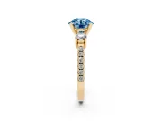 Fancy Blue Three-Stone Round Cut Diamond Pavé Band Ring Set in Yellow gold with Prong Setting