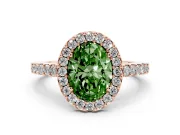Fancy Green Oval Cut Diamond Halo Pavé Solitaire Ring Set in Rose gold with Prong-Set Center Stone