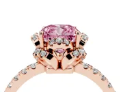 Fancy Pink Cushion Cut Diamond Halo Pavé Band Ring Set in Rose gold with Prong-Held Center