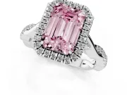 Emerald Cut Twist Halo Engagement Ring Setting for a Fancy Pink Lab-Grown Diamond | Platinum