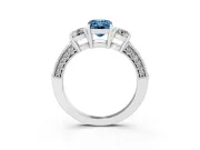 Fancy Blue Emerald Cut Diamond Three-Stone Ring Set in White gold with Round Side Stones and Pavé Band