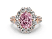 Fancy Pink Oval Cut Diamond Halo Engagement Ring Set in Rose gold with Split Shank and Prong Setting