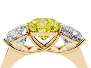 Cushion Cut Three Stone Engagement Ring Setting for a Fancy Yellow Lab-Grown Diamond | Basket Prong Heads | Yellow Gold