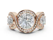 Round Three Stone Halo Engagement Ring Setting | Pavé Wave Band | Rose Gold