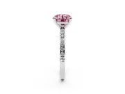 Fancy Pink Round Cut Diamond Brilliant Solitaire Ring Set in Platinum with Pavé Band and Prong Setting